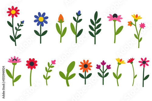 Colorful Wildflower Meadow Illustration - Cute Floral Design with Various Blossoms and Greenery - Ideal for Spring and Summer Themes and Decorative Purposes_