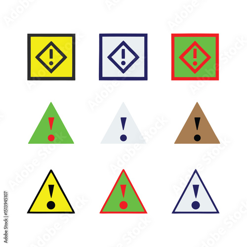 Colorful Warning Signs Set - Exclamation Mark Symbols in Various Shapes & Colors for Safety, Hazard, and Caution Messages in Industrial & Public Spaces.
