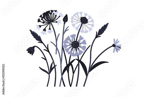 Elegant Botanical Illustration- Dandelion and Wildflower Artwork in Indigo and Soft Blue Tones- Minimalist Floral Design for Prints and Creative Projects