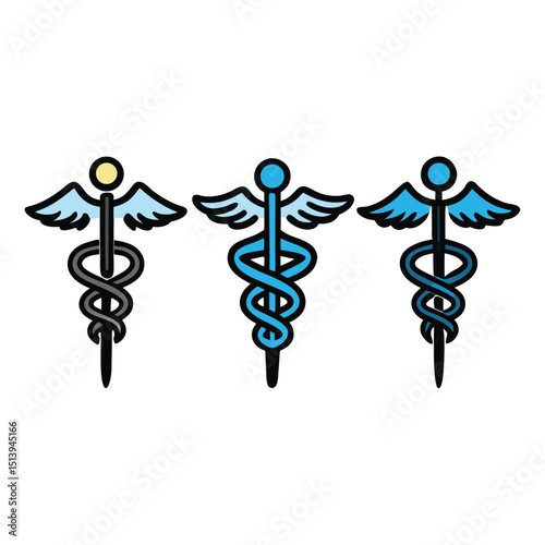 Three Caduceus Symbols in Varying Colors Representing Healthcare and Medicine Presented on a Clean White Background for Clarity and Professionalism