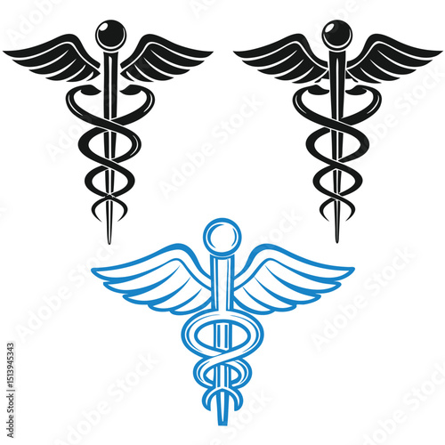 Three Caduceus Medical Symbols Two in Black and One in Blue Displaying Health Medicine and Healing Representations on a White Background