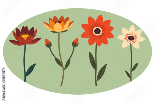 Floral Illustration with Colorful Flowers on Green Background-Botanical Art Print with Red, Orange, and Cream Blooms-Nature Inspired Design for Home Decor