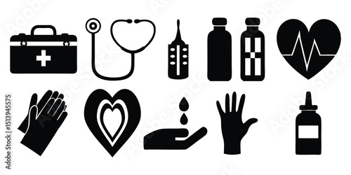 Set of Ten Medical Icons Including First Aid Kit, Stethoscope, Syringe, and More