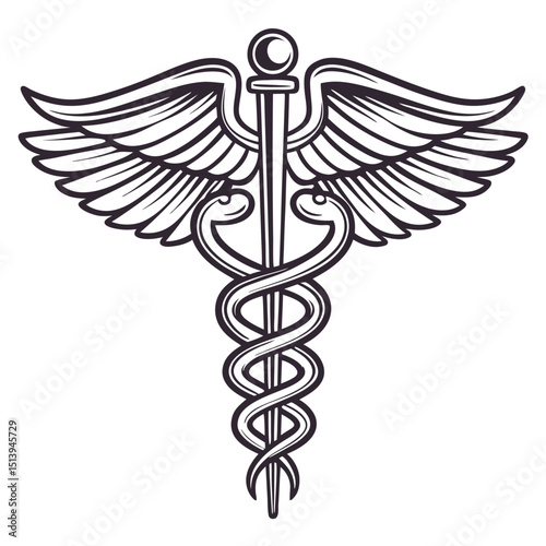 Monochrome Caduceus Illustration Featuring Two Snakes Coiled Around a Staff with Wings Symbolizing Medicine and Healing Isolated on White Background