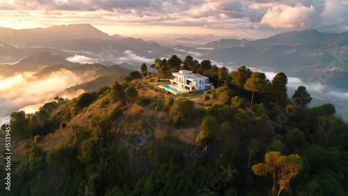 Aerial view of modern villa with pool on a hilltop overlooking mountains and clouds at sunset or sunrise