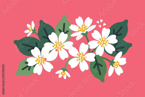 Vector White Flowers with Green Leaves on Pink Background - Minimalist Floral Illustration for Spring and Summer Designs - Nature Inspired Art for Greeting Cards and Wall Decor