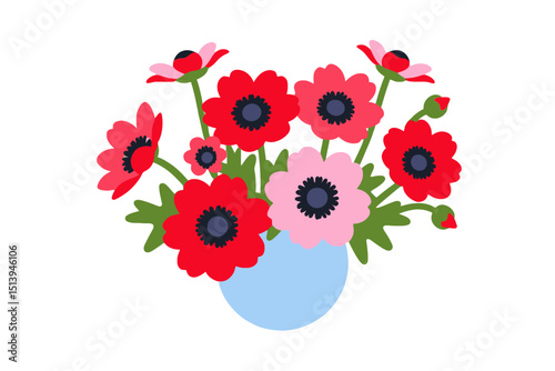Vibrant Anemone Flower Arrangement in Blue Vase- A cheerful bouquet of red and pink anemones, perfect for spring decor or floral illustrations- Features bold colors and simple vector design_