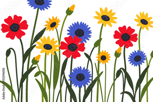 Vibrant Floral Illustration Featuring Red Poppies, Blue Cornflowers, and Yellow Sunflowers - A Cheerful and Colorful Flower Meadow Design on White Background - Perfect for Spring and Summer Themed 