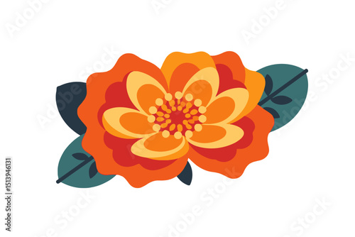 Vibrant Orange Flower Illustration - Detailed Floral Design with Green Leaves - Perfect for Spring and Summer Themes - Eye catching Botanical Art for Your Creative Projects