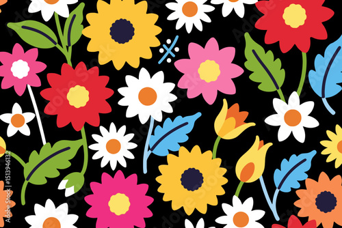 Vibrant Floral Pattern on Black Background - Colorful Daisies and Sunflowers - Cheerful Flower Design - Modern Floral Art - Perfect for Backgrounds and Prints_
