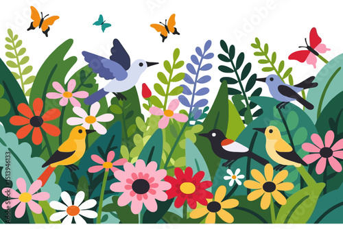 Vibrant Garden Scene with Birds and Butterflies Illustration- Whimsical Floral Design with Colorful Flowers and Lush Greenery- Nature Inspired Artwork for Spring and Summer Decor