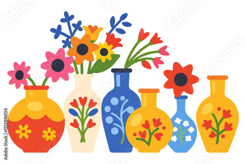 Vibrant Flower Collection in Decorative Vases - Colorful Floral Arrangement for Home Decor - Modern Artistic Botanical Illustration - Springtime Flower Display in Vases