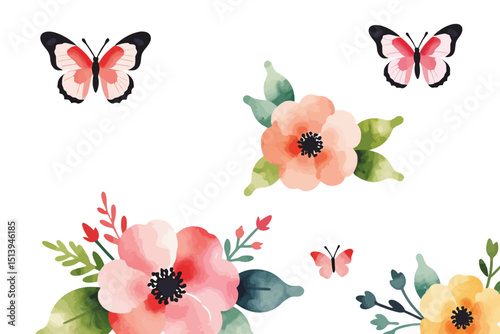 Watercolor Butterflies and Floral Design-Delicate Flowers with Pink, Red, and Yellow Watercolor Blooms-Nature Inspired Art for Cards, Invitations and Spring Decor_