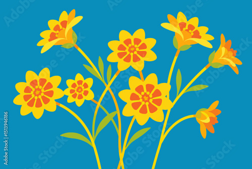 Vibrant Yellow Flowers Illustration on Blue Background - Bold Floral Design with Orange Accents - Cheerful Spring Blossom Artwork for Graphic Projects