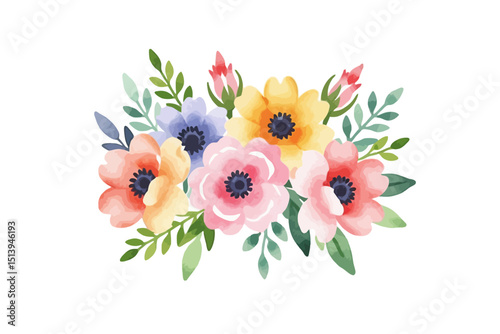 Watercolor Floral Arrangement - Delicate Bouquet of Colorful Flowers - Perfect for Spring and Summer Designs - Hand Painted Floral Illustration for Cards and Invitations