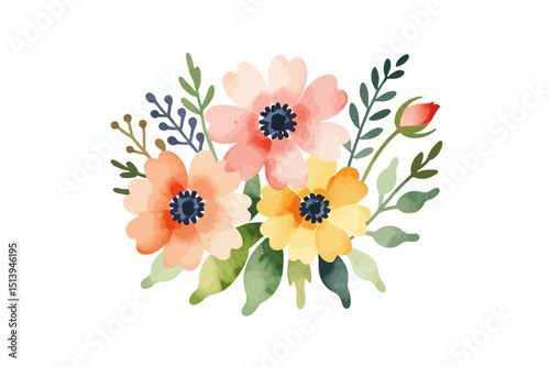 Watercolor Floral Arrangement Illustration - Delicate Pink and Yellow Flowers with Green Leaves - Botanical Art for Cards and Designs_