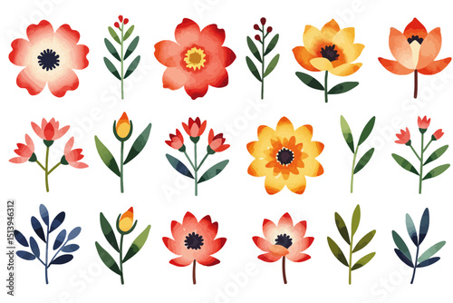 Watercolor Floral Clipart Set - Hand-Painted Flower Illustrations for Graphic Design - Delicate Botanical Elements for Wedding Invitations and Scrapbooking Projects_
