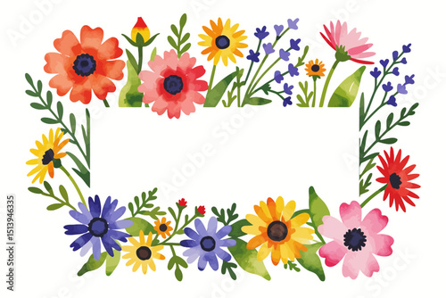 Watercolor Floral Frame Illustration - Colorful Flower Border with Blank Space for Text - Hand Painted Spring Flowers for Greetings and Invitations