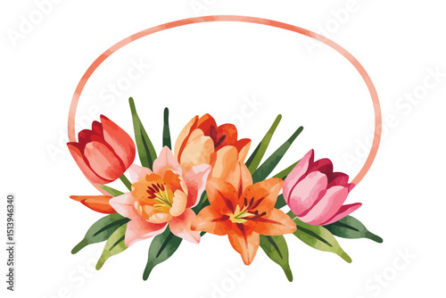 Wallpaper Mural Watercolor Floral Frame with Tulips and Lilies - Delicate Flower Arrangement for Invitations and Designs - Springtime Blooms with Elegant Circle Border_ Torontodigital.ca