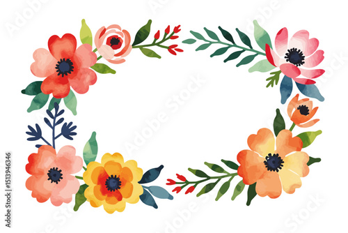 Wallpaper Mural Watercolor Floral Frame Illustration - Delicate Flower Wreath for Invitations and Design Projects - Colorful Blossom Border with Leaves and Artistic Details_ Torontodigital.ca