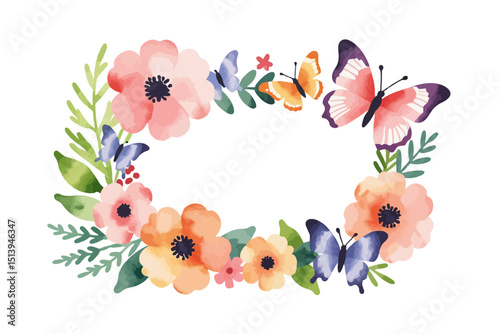 Wallpaper Mural Watercolor Floral Frame with Butterflies - Delicate Flower Border - Springtime Illustration for Cards and Invitations - Perfect for Graphic Design Projects_ Torontodigital.ca