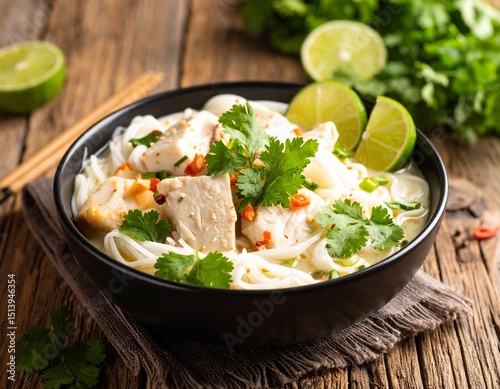 Mohinga, Traditional Burmese Fish Noodle Soup with Lemongrass and Crispy Garnishes in Ceramic Bowl
