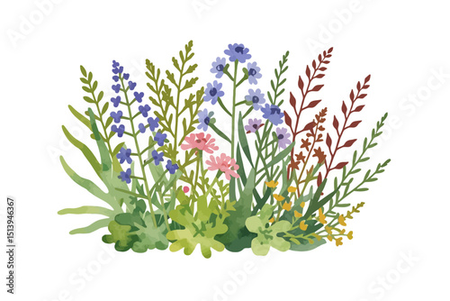 Wallpaper Mural Watercolor Floral Illustration - Colorful Wildflower Arrangement - Botanical Art Print for Home Decor - Delicate Floral Design with Blue, Pink, Yellow, and Green Flowers_ Torontodigital.ca