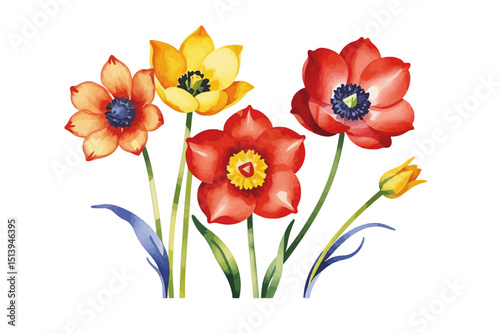 Wallpaper Mural Watercolor Floral Illustration - Red, Yellow, and Orange Flowers with Green Leaves - Delicate Botanical Painting - Perfect for Spring or Summer Designs - Floral Art Print_ Torontodigital.ca