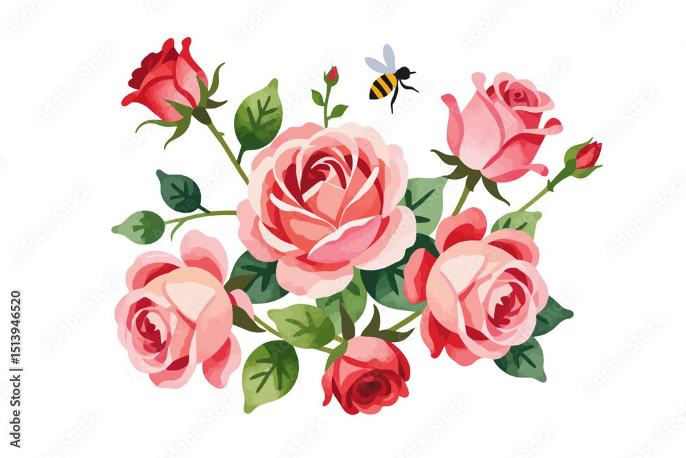 Naklejka premium Watercolor Roses and Bee Illustration- Delicate Floral Arrangement- Perfect for Wedding Invitations and Springtime Designs- Botanical Art with Pink and Red Roses_