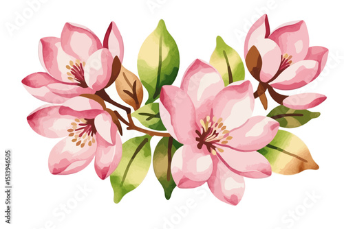 Wallpaper Mural Watercolor Pink Magnolia Flowers with Green Leaves Illustration - Delicate Floral Design for Spring Decor, Cards, and Art Projects - Elegant Watercolor Flower Arrangement_ Torontodigital.ca