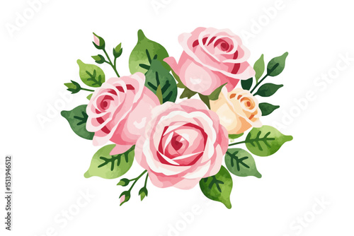 Wallpaper Mural Watercolor Pink Roses Bouquet Illustration - Delicate Floral Arrangement with Green Leaves - Romantic Flower Design for Greeting Cards and Invitations_ Torontodigital.ca