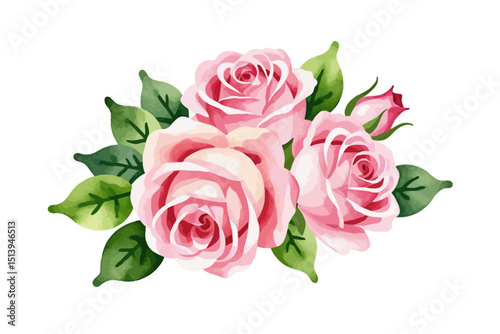 Wallpaper Mural Watercolor Pink Roses Illustration- Beautiful Floral Arrangement with Green Leaves- Delicate Rose Bouquet for Valentine's Day or Wedding Invitations_ Torontodigital.ca