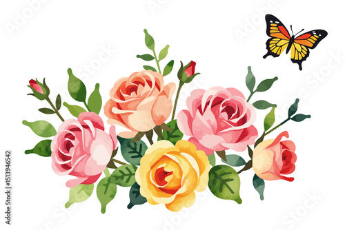 Wallpaper Mural Watercolor Roses and Butterfly Illustration-Floral Bouquet Design-Perfect for Greetings Cards, Invitations and Springtime Decorations-Beautiful Botanical Art_ Torontodigital.ca