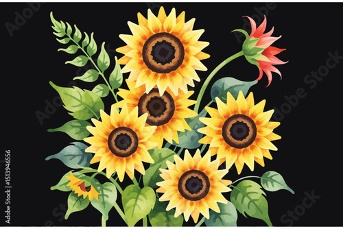 Wallpaper Mural Watercolor Sunflower Bouquet Illustration on Black Background - Bright Yellow and Brown Flowers with Green Leaves - Perfect for Floral Designs and Summer Themes Torontodigital.ca