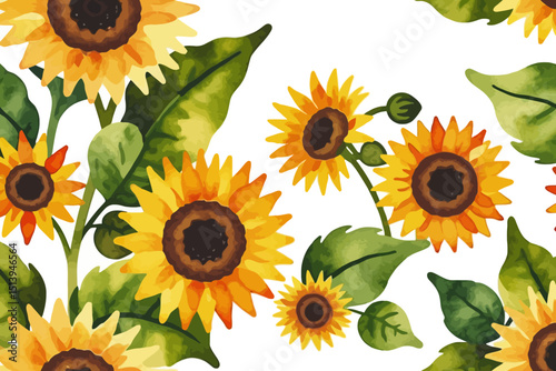 Wallpaper Mural Watercolor Sunflower Pattern - Seamless Botanical Design with Yellow Petals and Green Leaves - Perfect for Fabric Prints and Summer Decorations_ Torontodigital.ca