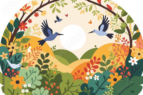 Wallpaper Mural Whimsical Bird and Flower Illustration - Colorful Nature Scene with Flying Birds - Cute Floral Landscape Design for Spring or Summer Projects - Vector Art Torontodigital.ca