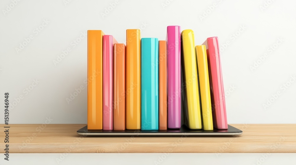 Naklejka premium Colorful books rest on a tablet on a wooden surface