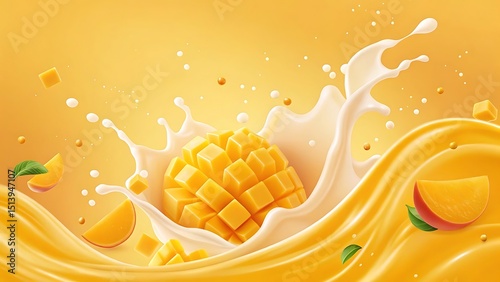 Vibrant mango splash with milk waves and flowing juice illustration for advertising
