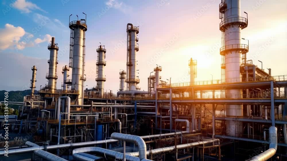 Industrial complex with towers, pipelines, and structural steel bathed in warm sunlight against a blue sky and light clouds