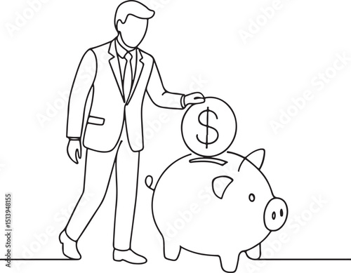 Businessman inserting coin in piggy bank line drawing