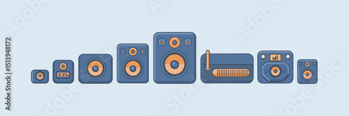Speaker icon sheet with volume control and microphone – Suitable for audio control interface design, tech UI kits, or media player apps