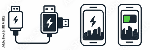 Phone charger icon sheet with USB connector and charging symbol