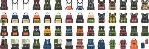 Vector icon sheet of assorted backpacks – Great for travel gear branding, hiking infographics, or educational visuals