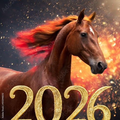 Beautiful horse with fiery mane and golden numbers 2026, new year 2026, year of the fire horse, chinese calendar photo