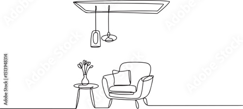 Modern interior room with cozy chair, side table, vase, and pendant lights in continuous one line minimalist vector illustration style

