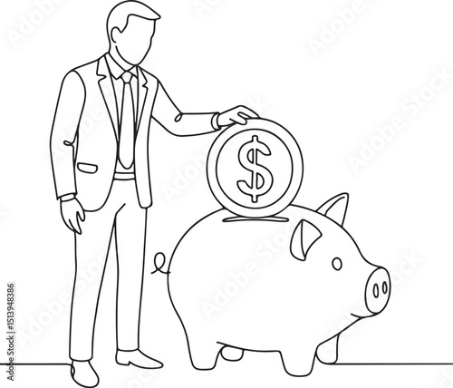 Piggy bank savings idea illustrated in line drawing
