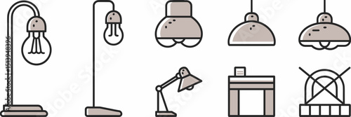 Black and white vector icon sheet of multiple lamp designs