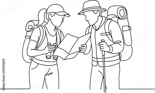 Hiking couple with map and gear line illustration