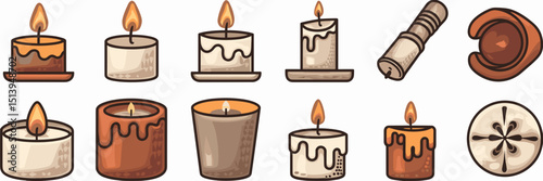 Icon set of candles with various designs – Suitable for wellness promotions, holiday materials, or spiritual content