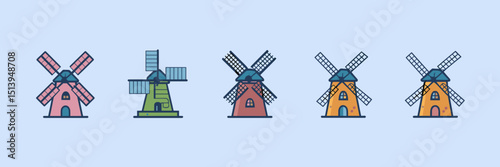Vector icon sheet of stylized windmills – Suitable for infographic design, wind power topics, or travel content
